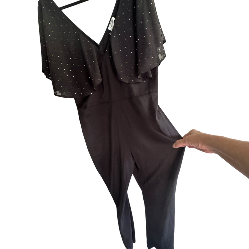 Unique Vintage Black Gold Swiss Dot Ruffle V-Neck Jumpsuit Womens 1X/16 Wide Leg